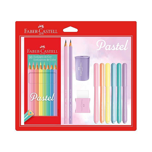 Kit Tons Pastel com 20 Unidades (Lápis de Cor, Caneta Hidrográfica, Borracha, Apontador) Faber Castell Ref: KIT/PASTEL