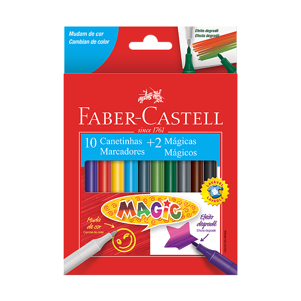 Caneta Hidrográfica Faber Castell 12 Cores (10 Cores e 2 Mágicas) Ref: 15.0112MZF