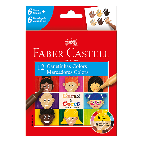 Caneta Hidrográfica Faber Castell Caras E Cores 12 Cores (6 Cores E 6 Tons De Pele) Ref: 15.0112CCZF