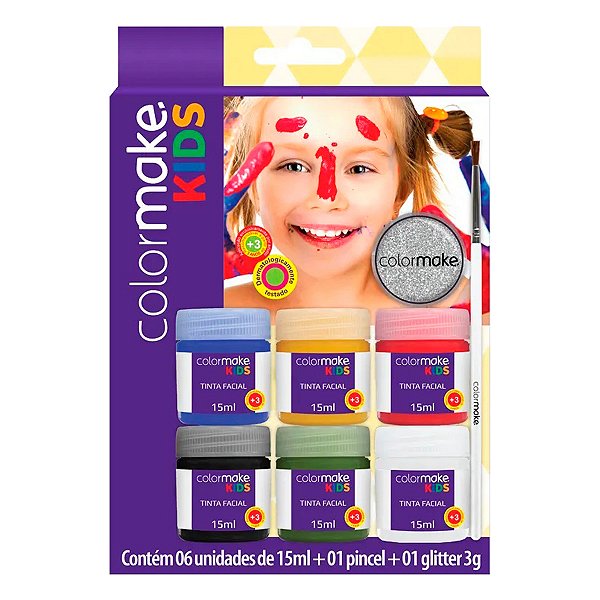 Pintura Facial Líquida Kids 6 Cores 15ml Cada Pincel E Glitter 3g ColorMake Ref: 1002