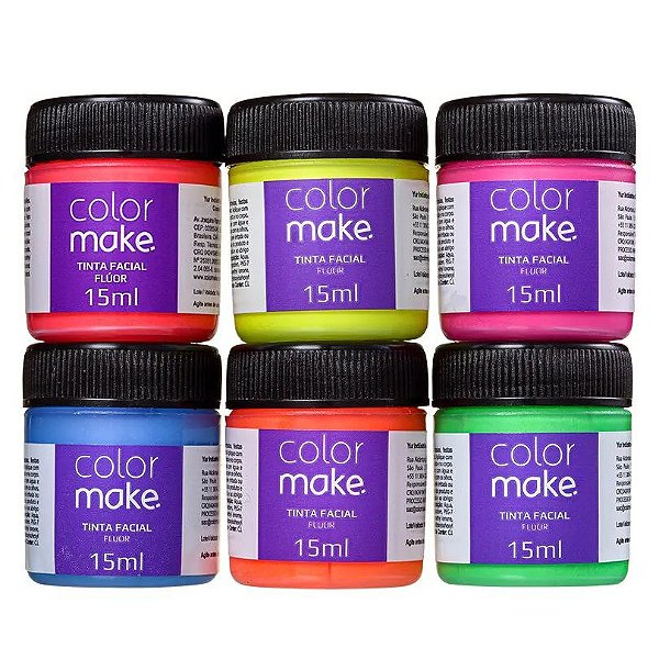 Pintura Facial Líquida com 6 Cores Neon Fluorecente com 15 ml cada + 1 Pincel ColorMake Ref: 1003