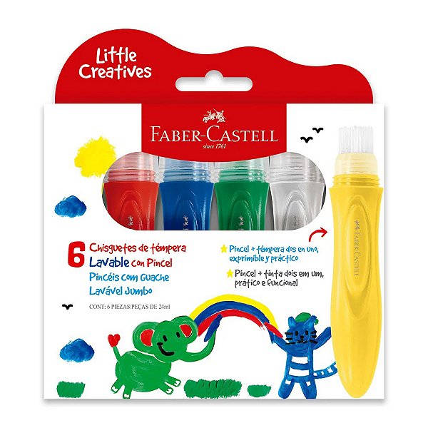 Tinta Guache Faber Castell Pincel Jumbo Vassorinha Little Creatives 6 Cores 24ml Cada Ref: 164004