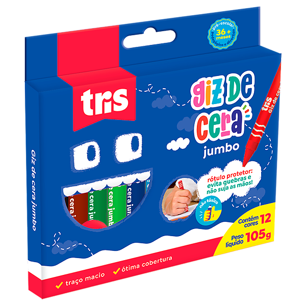 Giz De Cera Tris Redondo Mega Color Jumbo 12 Cores 105g Ref: 684321