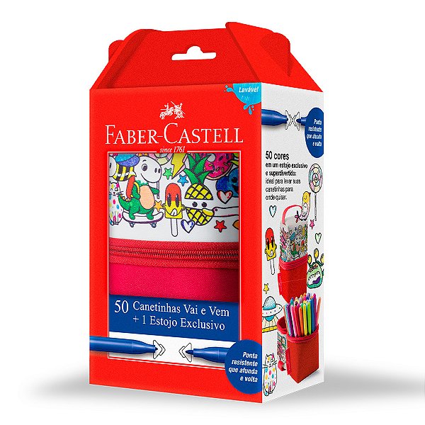 Caneta Hidrográfica Faber Castell Ponta Vai E Vem 50 Cores Com Estojo Ref: 15.0150VVZF