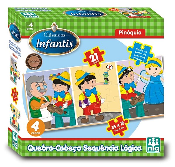 Quebra-Cabeça Clássicos Infantis Pinóquio 21 peças Madeira Nig Ref: 0435