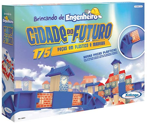 Jogo Brincando de Engenheiro Cidade do Futuro 175 peças Madeira e Plástico Xalingo Ref: 5280.9