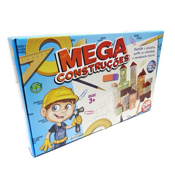 Jogo Mega Construções com 200 peças de Madeira Pais e Filhos Ref:7438
