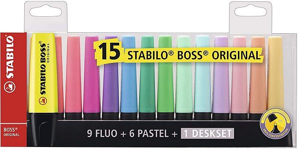 Marca Texto Stabilo Boss Original 15 Cores (9 Tons Neon, 6 Tons Pastel E 1 Deskset) Ref: 7015-01-5