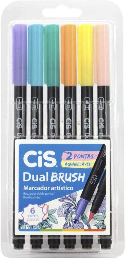Caneta Marcador Artístico Dual Brush 2 Pontas 6 Cores Tons Pastéis Cis