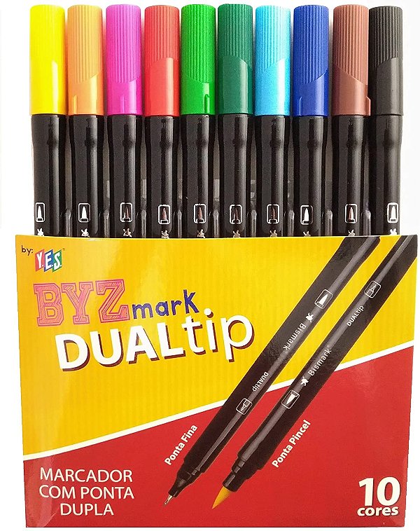Caneta Dual Brush Pincel Marcador Ponta Dupla Bismark Dualtip 10 Cores Yes Ref: PK0100D_SOR