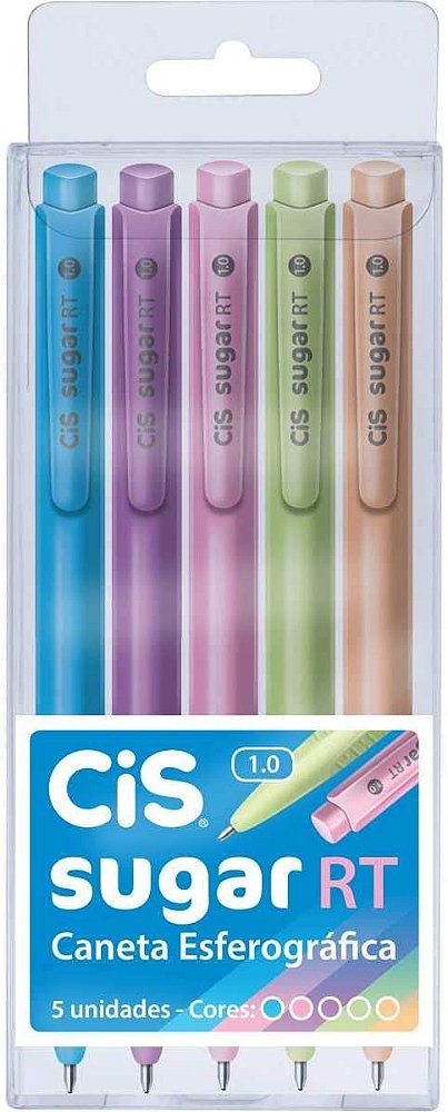 Caneta Esferográfica Cores Tons Pastel 1.0 mm Sugar RT com 5 Cores Cis