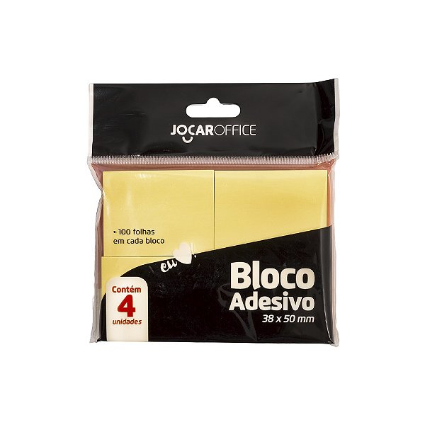 Bloco Adesivo Postit Amarelo 38 x 50 mm 4 unidades com 100 folhas cada Jocar Office Ref: 91114