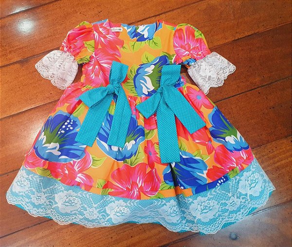 Vestido festa junina laranja e azul