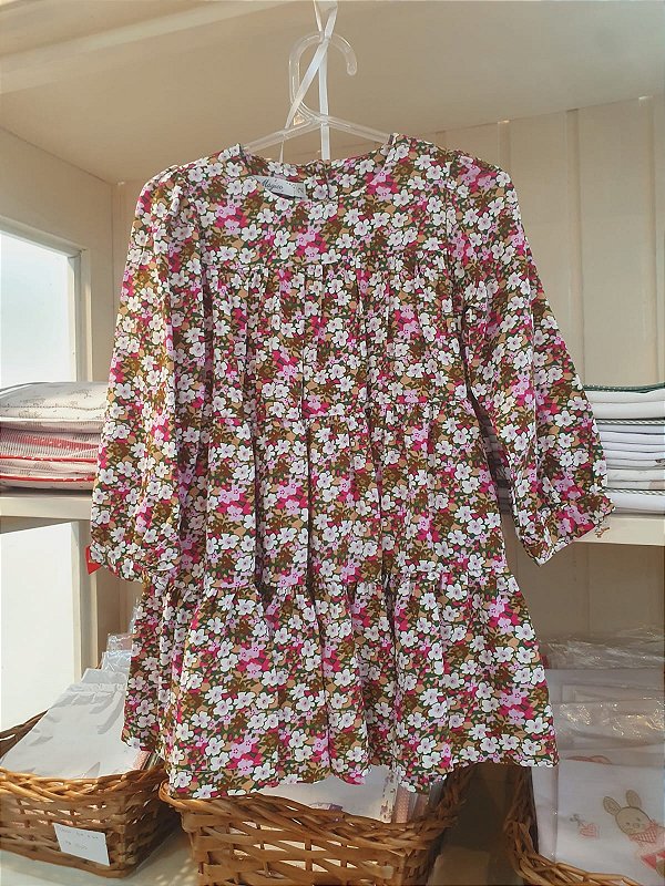 Vestido manga longa viscose floral rosa