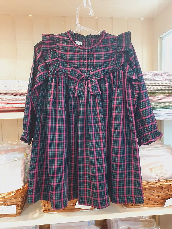 Vestido xadrez preto/verde/pink