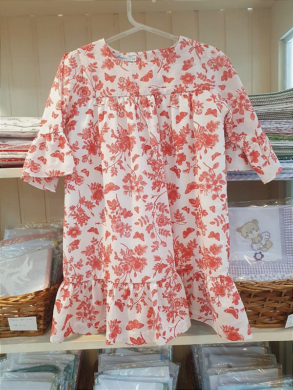 Vestido manga 3/4 passarinhos vermelho