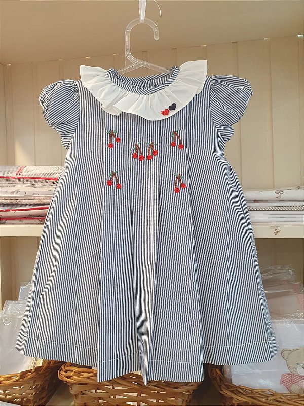Vestido listra marinho com cerejas