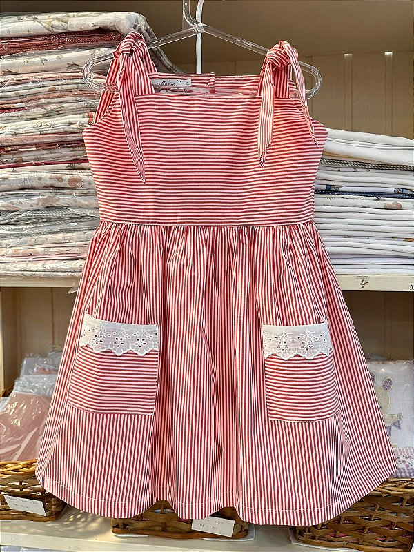 Vestido listrado bolso bordado inglês
