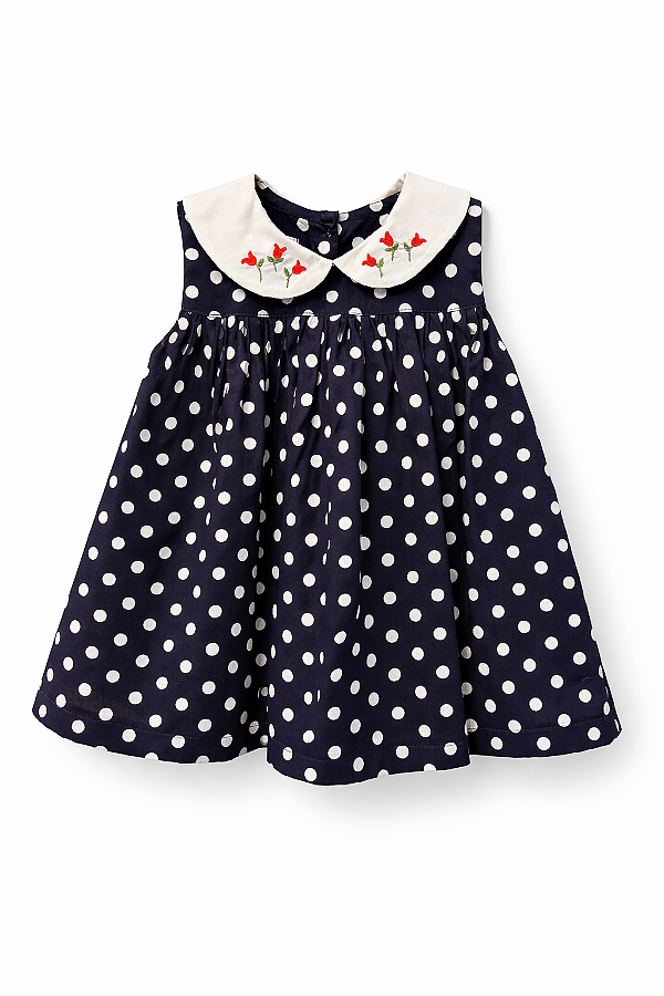 Vestido bolinhas marinho com bordado tulipa