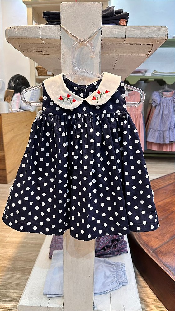 Vestido bolinhas marinho com bordado tulipa