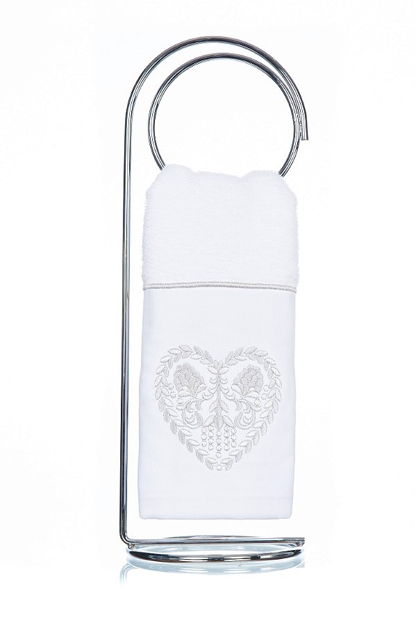 Toalha de Lavabo Bordado Coração Prata Super Luxo