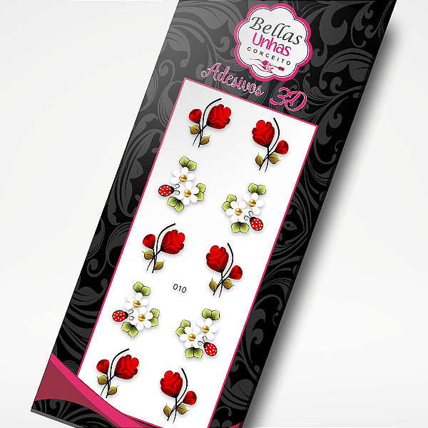 Adesivos 3D para Unhas - Flores e Joaninhas Vermelhas