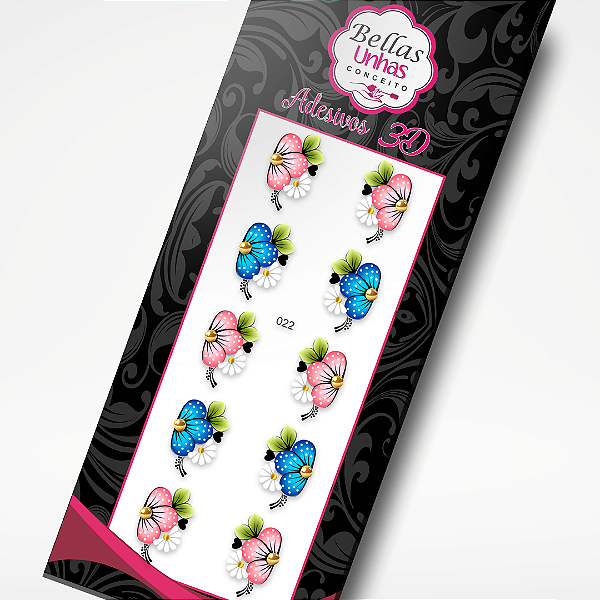 Adesivo para Unhas - Flores Azuis e Rosa