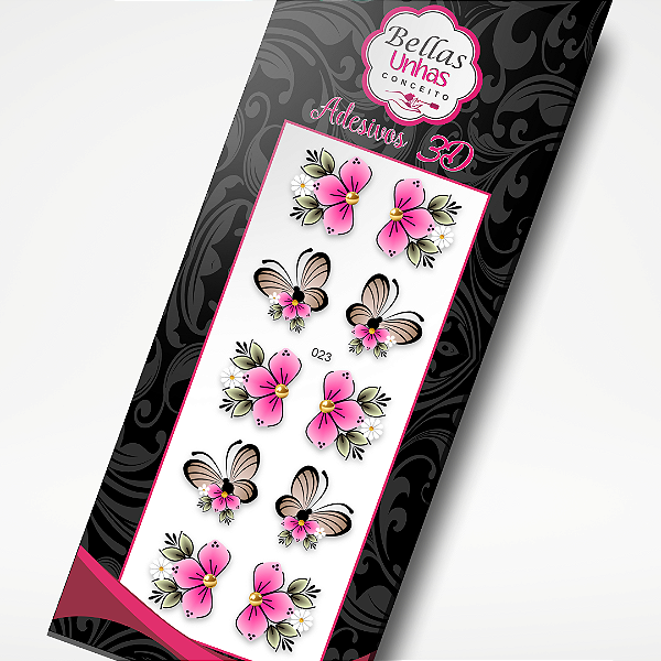 Adesivo para Unhas - Flor Rosa e Borboleta Nude