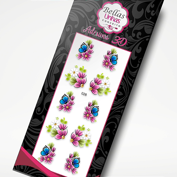 Adesivo para Unha - Flores Rosa e Borboletas Azuis