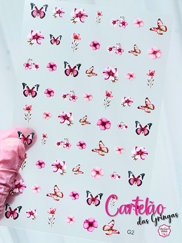 Borboletas Realistas e Flores Rosa - Cartelão das Gringas