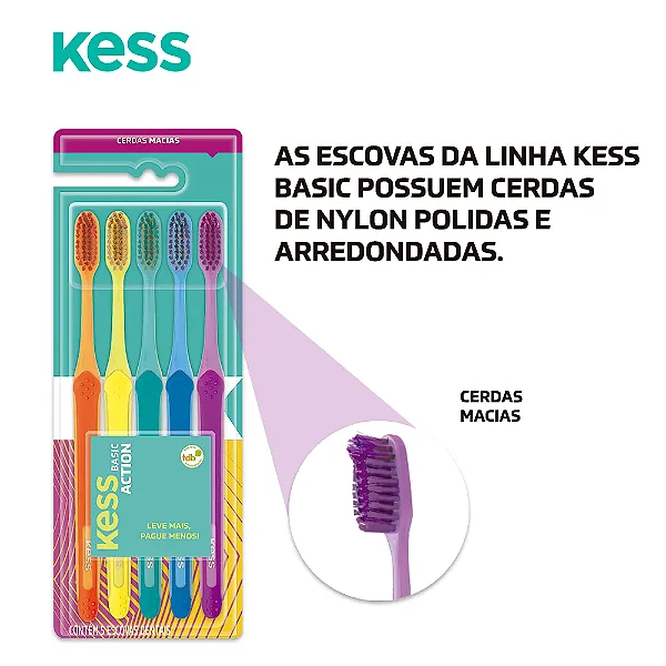 Pack 5 Escovas Dental Kess Basic Cod 2548