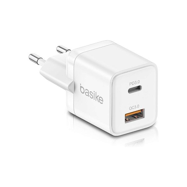 Carregador Basike, Com 1 Saída USB-C 30W, 1 Saída USB Quick Charge Com Cabo Tipo C Para Tipo C