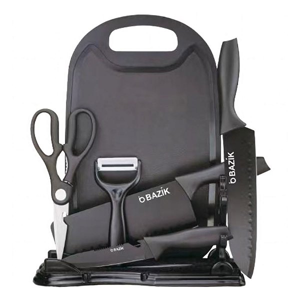 Kit Jogo Facas Aço Inox Cozinha Churrasco 7 Peças C/ Tábua BAZIK MD-12277