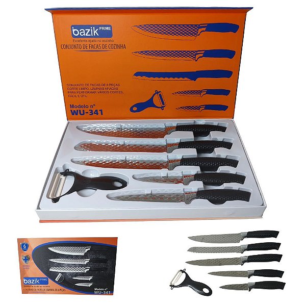 Kit Jogo De Facas Aço Inox Cozinha 6 Peças BAZIK WU-341