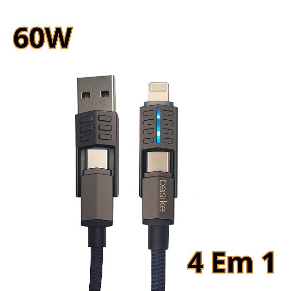 Cabo Basike 4 em 1 - USB/USB-C/Lightning/Type C- 60W - 1,2 Metro - Ba-CBO350