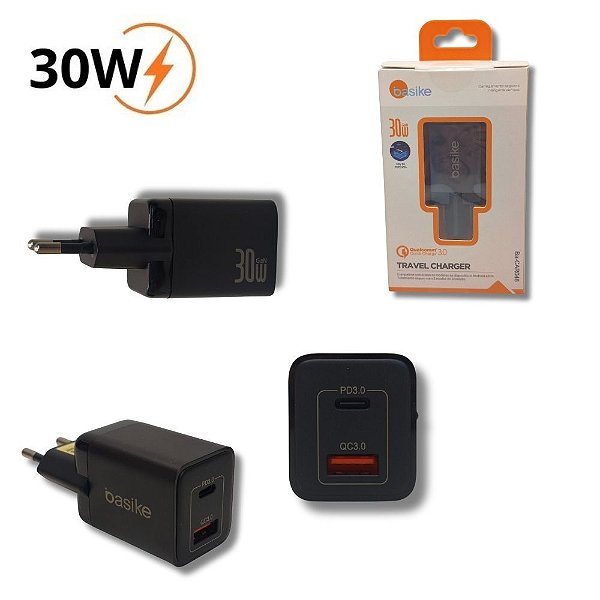 Carregador Turbo 1 Tipo C e 1 USB 30W Só Base BA-CAR048
