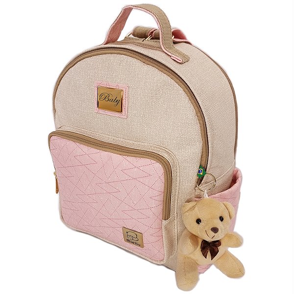 Mochila Maternidade Jeans Rosa Miellu Personalizada + Ursinho