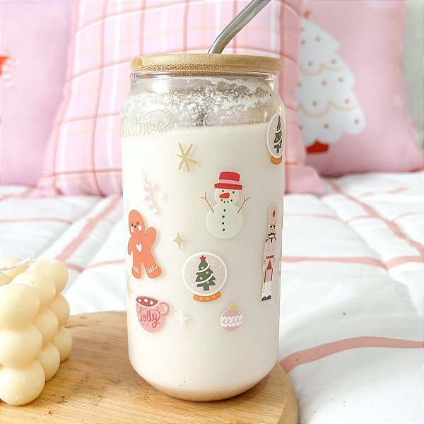Copo Natalino Vidro com tampa e canudo