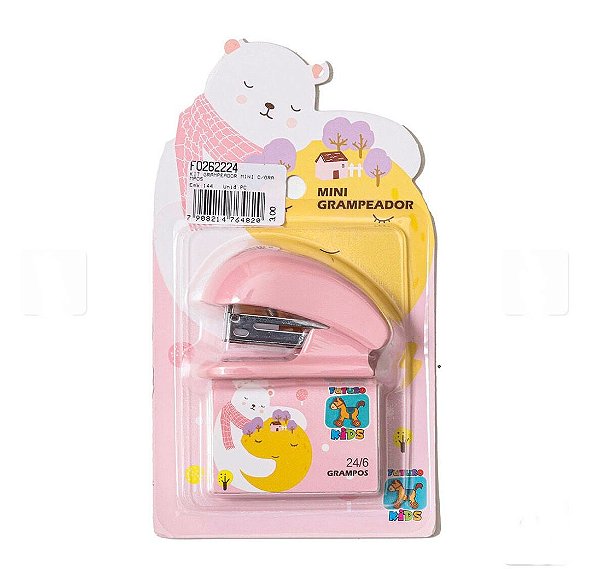 Kit com mini grampeador + caixinha com grampos