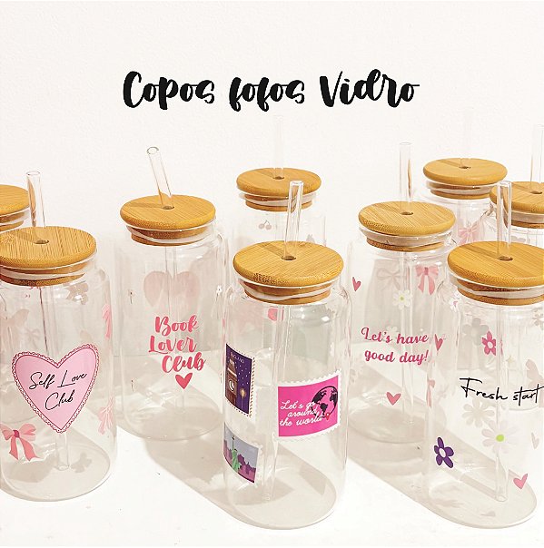 Copo Vidro com Tampa e Canudo (Todos modelos)