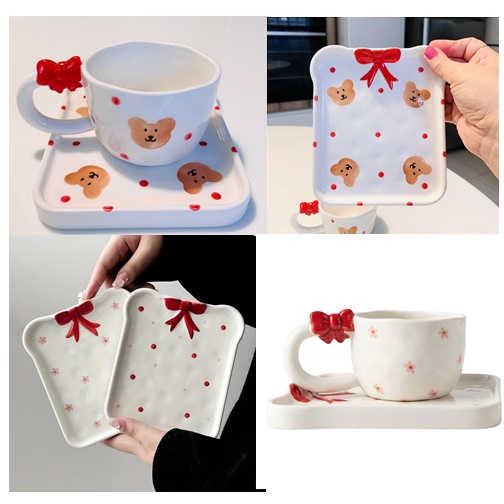 Caneca e Pratinho Urso, laço e florzinhas