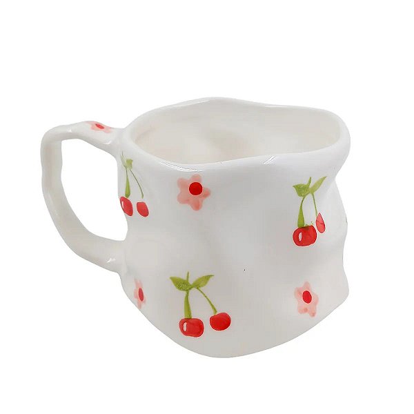 Caneca Cerâmica "Amassadinha" Cereja e Flor