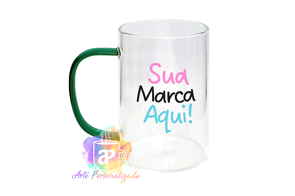 Caneca Vidro Personalizada Alça Colorida 300ml (Diversas Cores!) Personalização Já Inclusa!