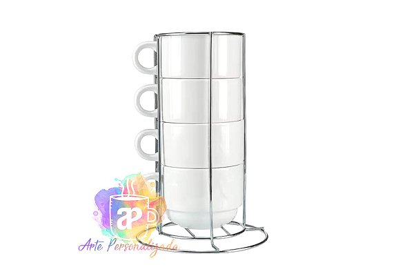 Kit Xícaras 200ml Com 4 Unidades e Suporte Para Sublimação