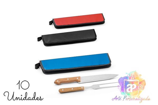 Kits Churrasco Personalizado em Estojo 210D Cabos Madeira - Personalização Já Inclusa! Mínimo 10 Unidades