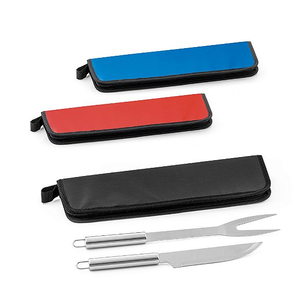 Kit Churrasco Personalizado em Estojo 210D Cabos Inox - Personalização Já Inclusa! - Mínimo 10 Unidades