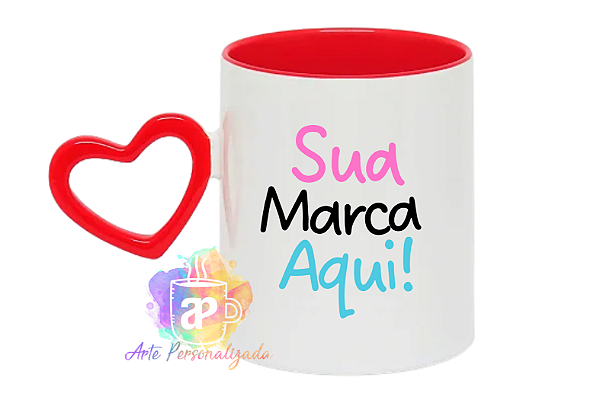Caneca Alça Coração Personalizada Colorida Porcelana 325ml (Diversas Cores!) Personalização Já Inclusa!