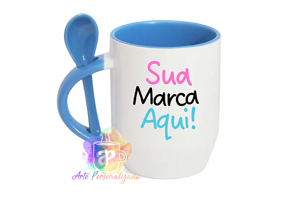 Caneca Com Colher Personalizada Colorida Porcelana 325ml (Diversas Cores!) Personalização Já Inclusa!