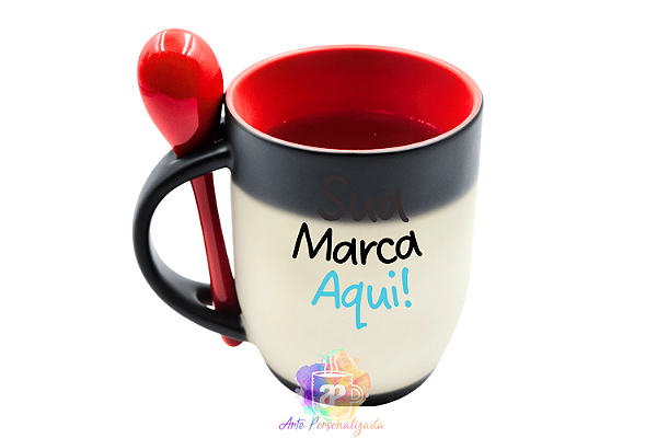 Caneca Mágica Com Colher Personalizada Interior Colorido Porcelana 325ml (Diversas Cores!) Personalização Já Inclusa!