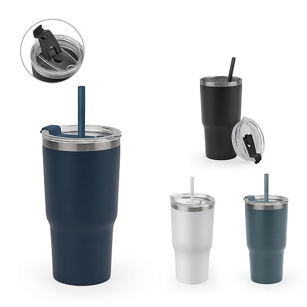 Copo de viagem personalizado compacto em aço inox 91% reciclado com parede dupla isolada a vácuo e acabamento mate 600 mL - Diversas Cores Disponíveis!